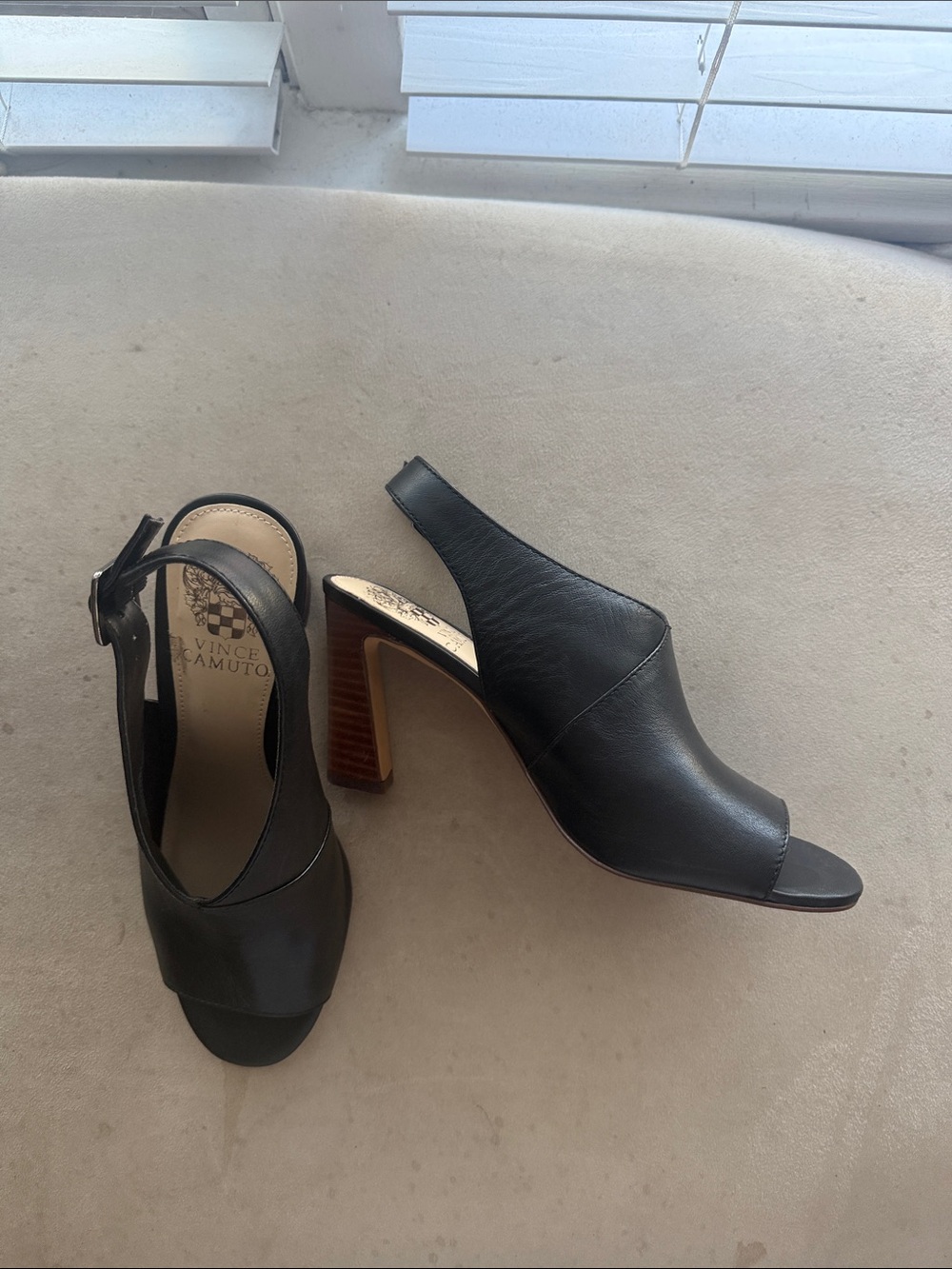 Vince Camuto Black Leather Open-Toe Slingback Heels